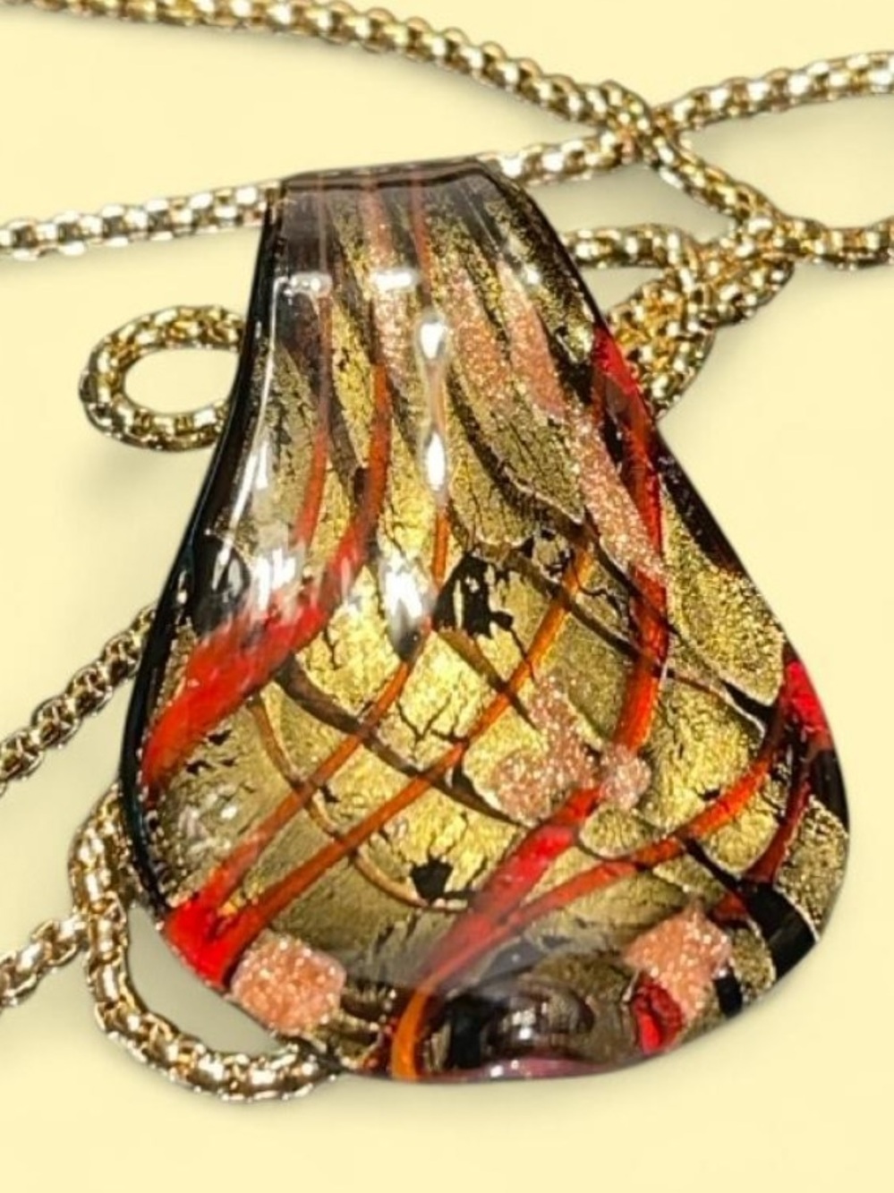 Handblown Glass Teardrop Pendant Necklace in Gold & Red